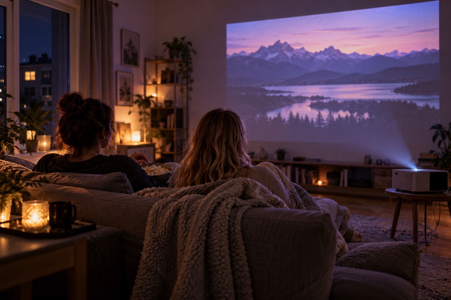 Zwei Menschen sitzen mit Popcorn vor einer Projektion im Wohnzimmer