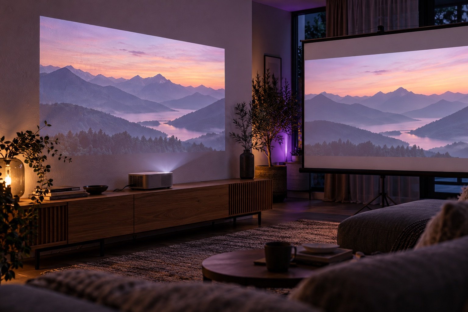 Dasselbe projizierte Landschaftsmotiv auf einer weißen Wand und einer Leinwand